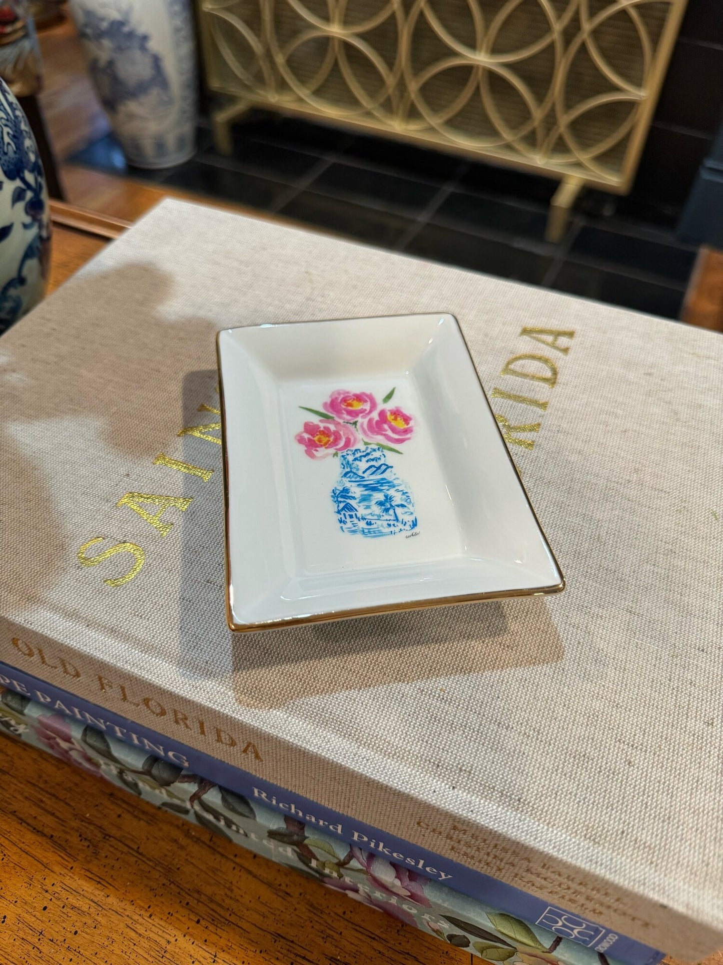 Pink Peonies in Blue Vase Trinket Dish
