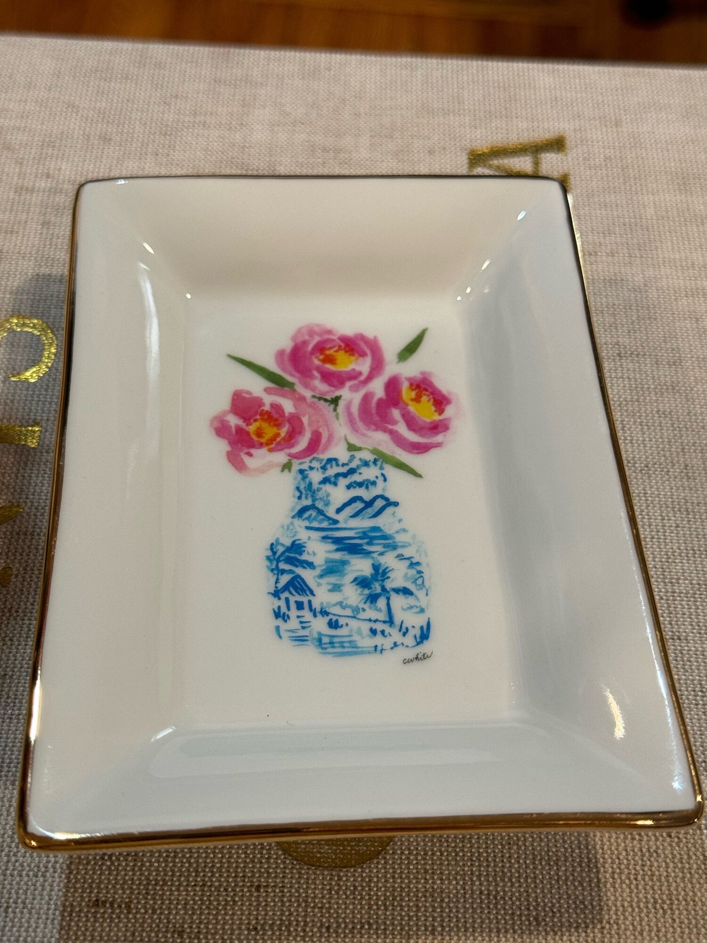 Pink Peonies in Blue Vase Trinket Dish