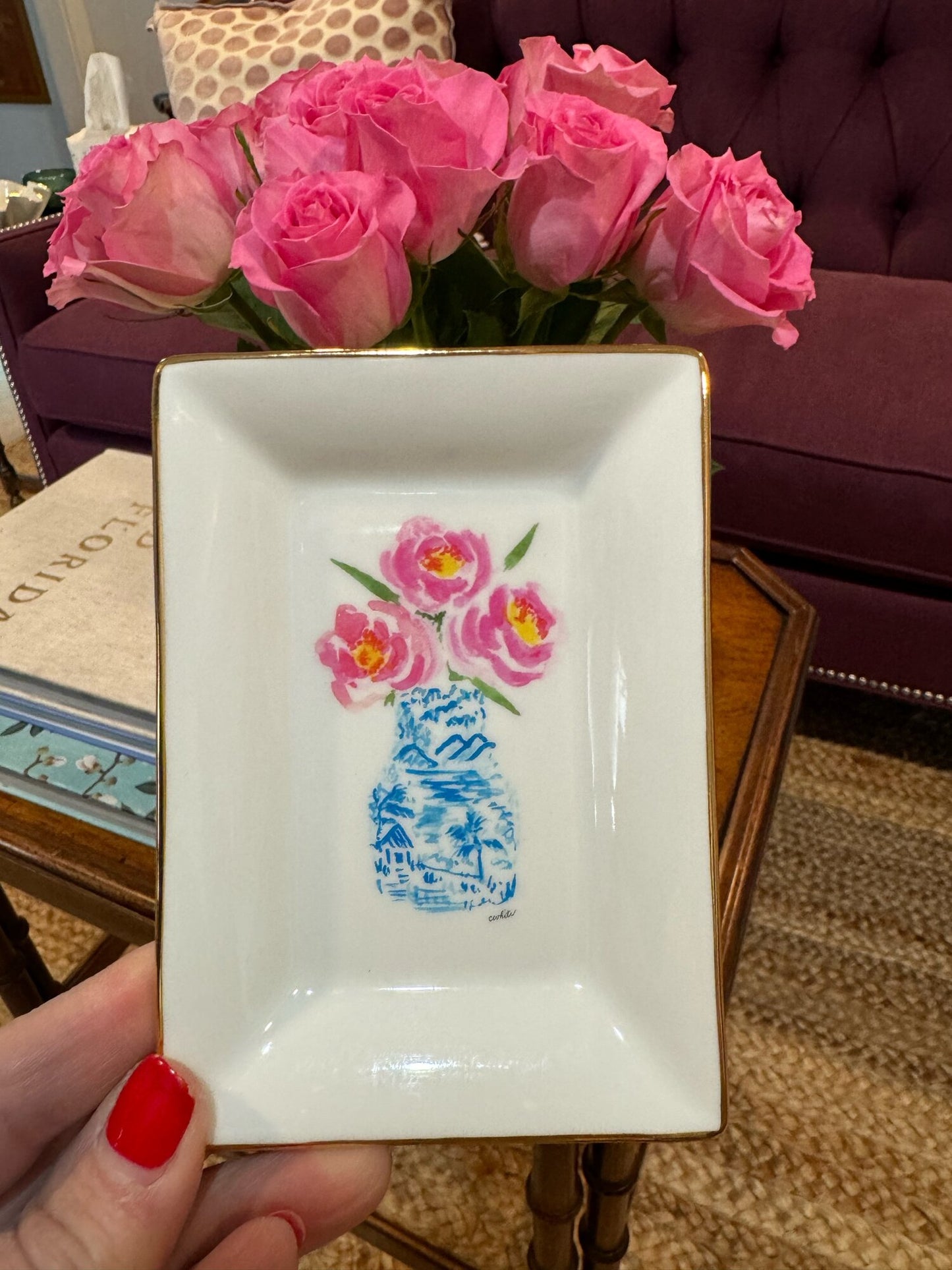Pink Peonies in Blue Vase Trinket Dish