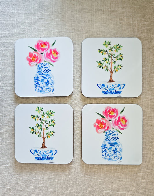 Coaster Set Lemon Verbena and Pink Peonies Blue Chinoiserie