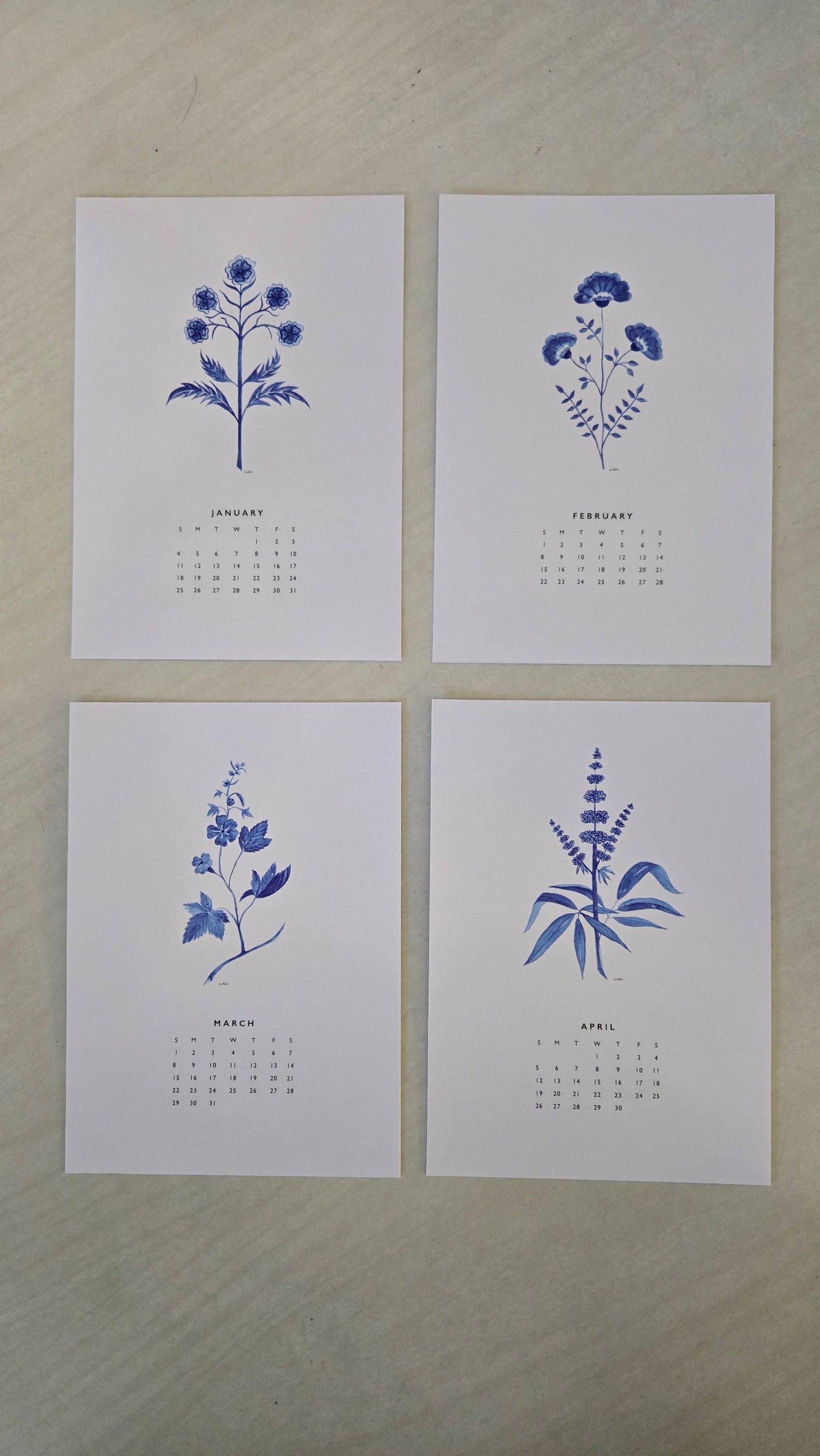 Blue and White Botanical Calendar 2026