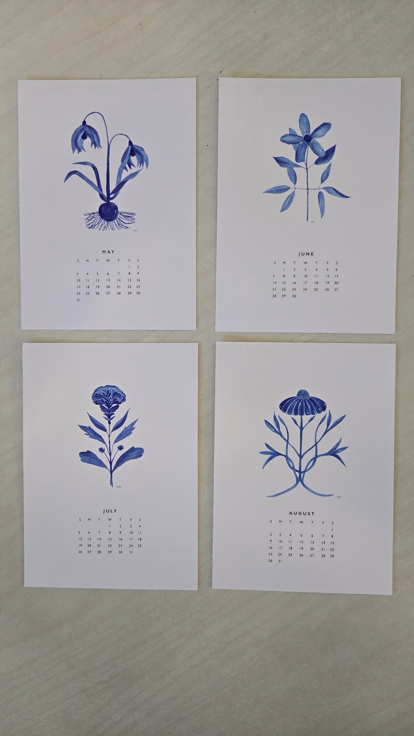 Blue and White Botanical Calendar 2026