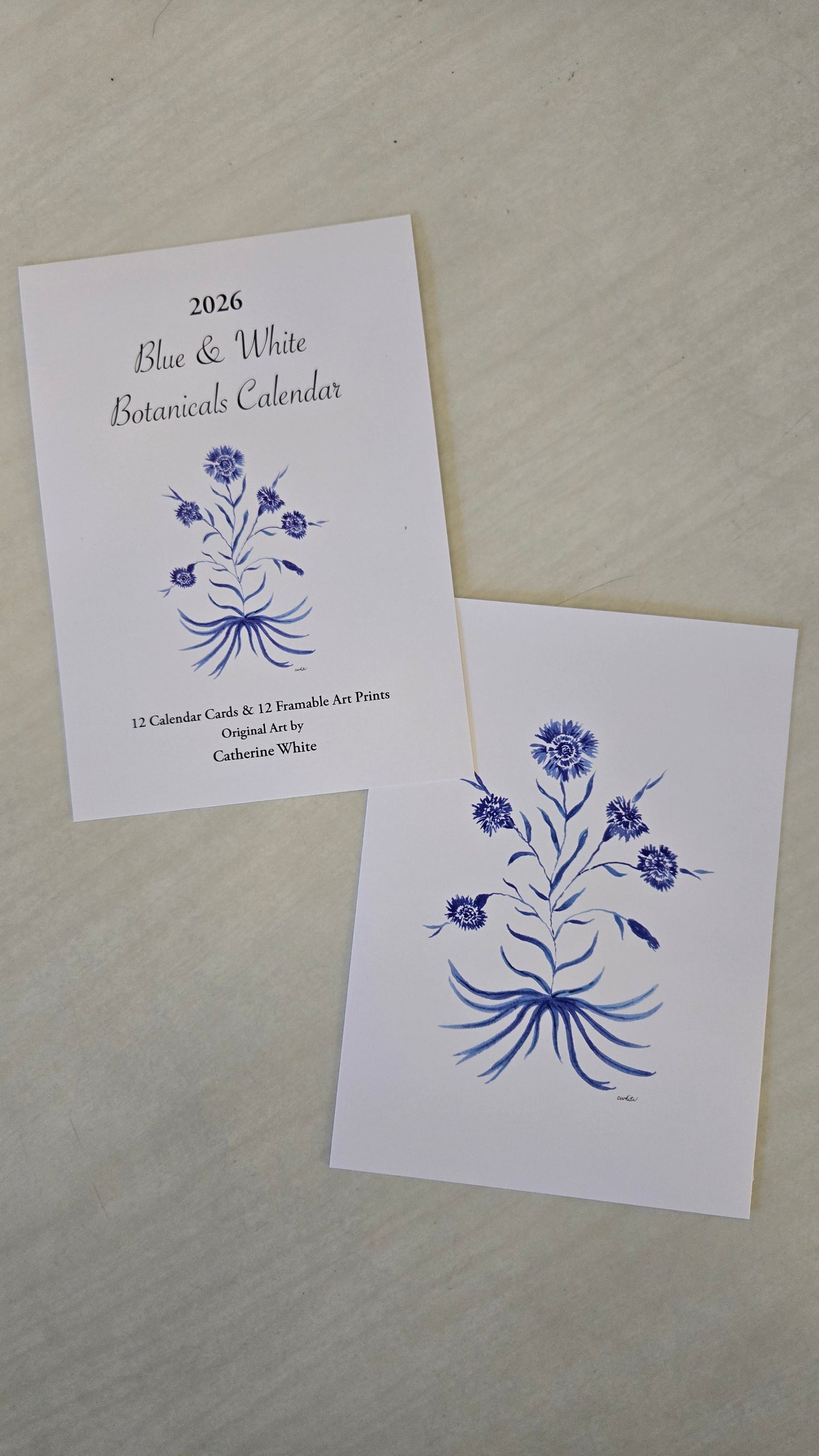 Blue and White Botanical Calendar 2026