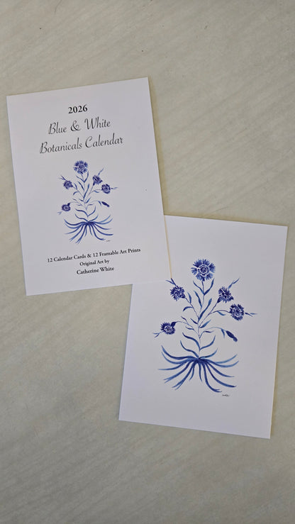 Blue and White Botanical Calendar 2026