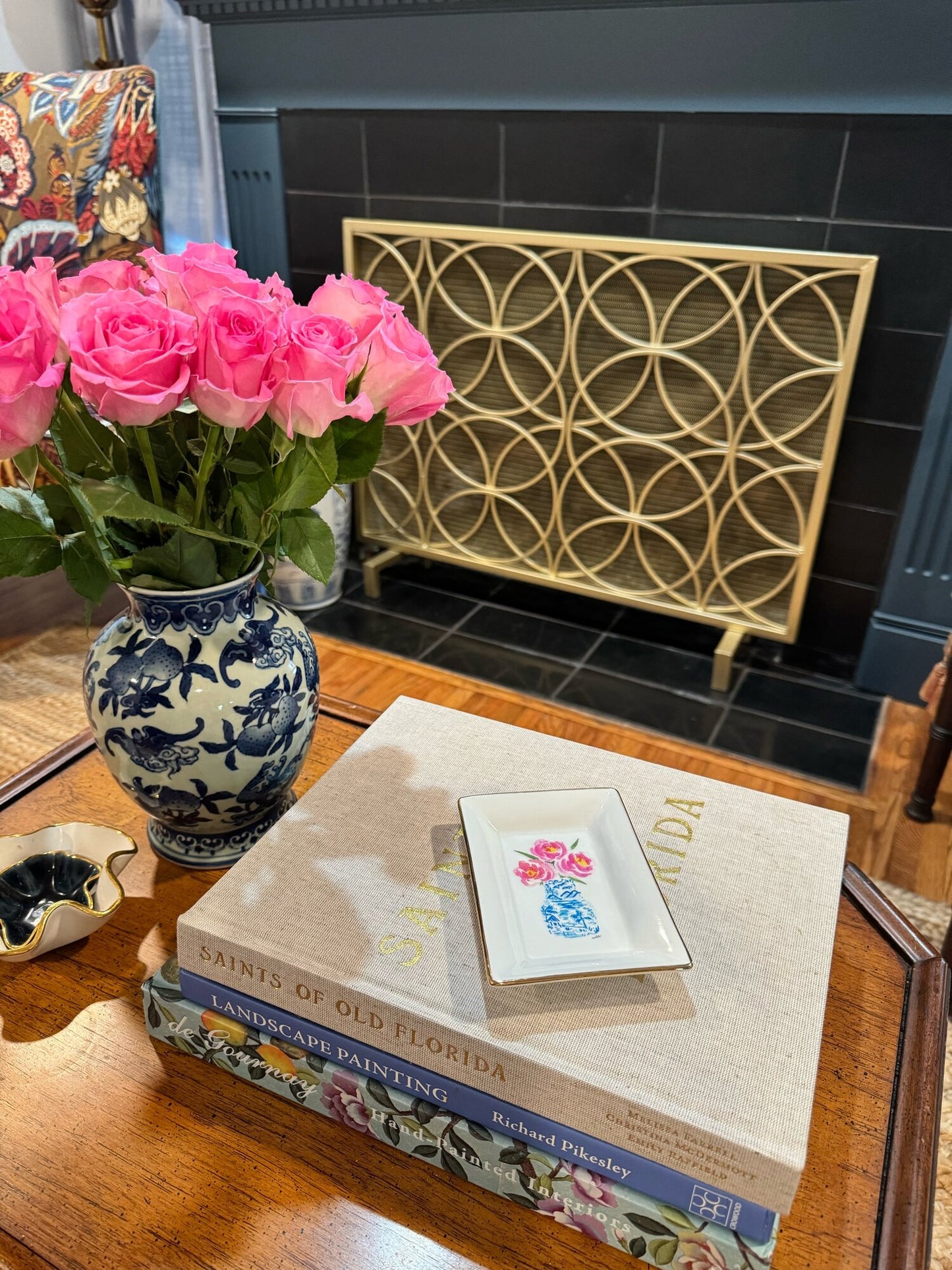Pink Peonies in Blue Vase Trinket Dish